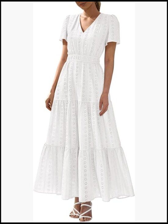 Dresses & Skirts - V Neck Hollow Out Eyelet A Line Flowy Maxi Dress